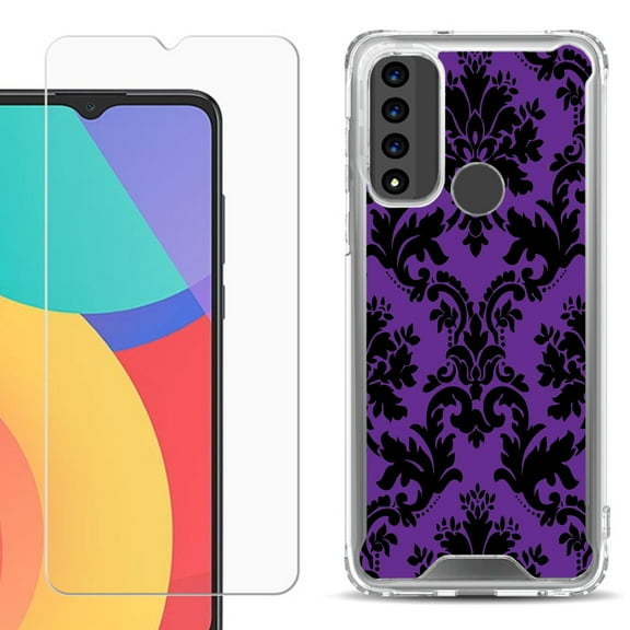 Shockproof Bumper Phone Case for TCL 20 XE, with Tempered Glass Screen Protector, by OneToughShield ® - Victorian Purple/Black