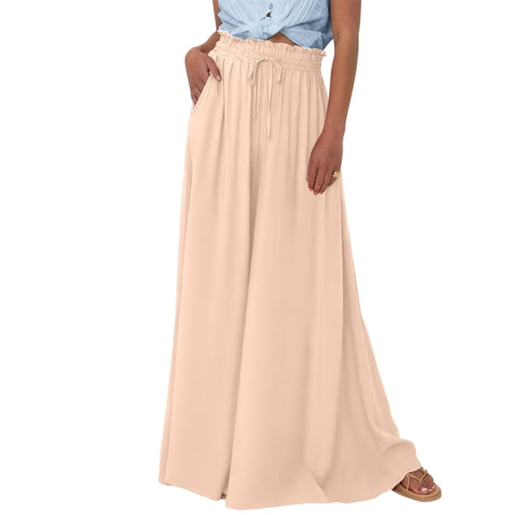 Women Casual High Waist Wide Leg Pants Summer Long Palazzo Pants Pocket Lounge Vacation Clothes Beige M