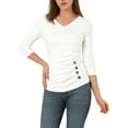 thumbnail image 5 of DARING DIVA V Neck Knitted Buttons Decor Ruched Blouse Top S White, 5 of 7