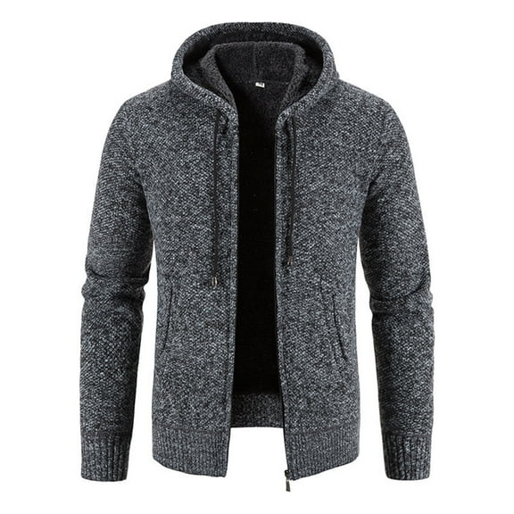 IYTR Mens Winter Jacket Solid Color Long Sleeve Jacket Zipper Hooded Draswtring Plus Velvet Padded Sweater Coats with Pocket Gray L
