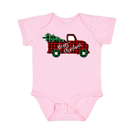 

Inktastic Merry Christmas Red Buffalo Plaid Truck with Tree Boys or Girls Baby Bodysuit