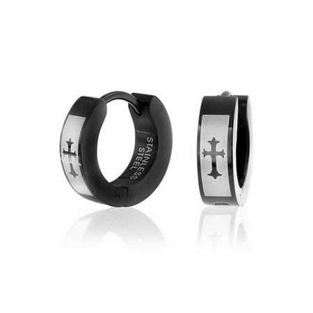 Laser Etched Fleur De Lis Cross Black Huggie Hoop Kpop Earrings For Men Or Women Black Ip Plated Stainless Steel