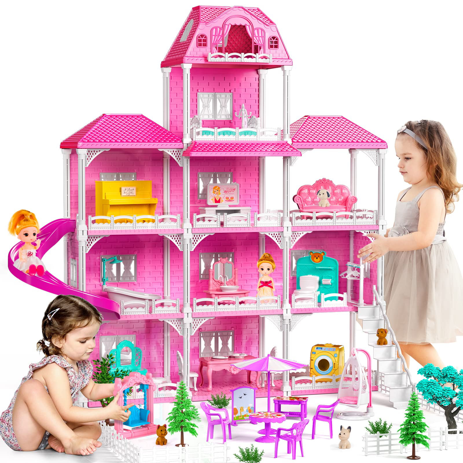 Girls Doll House for 3 4 5 6 7 8 Year Old Toy, Dollhouse  Furniture and Accessories Pink Dream House Princesses, DIY Building Playset  Pretend Play Toddler Doll Houses for Kids