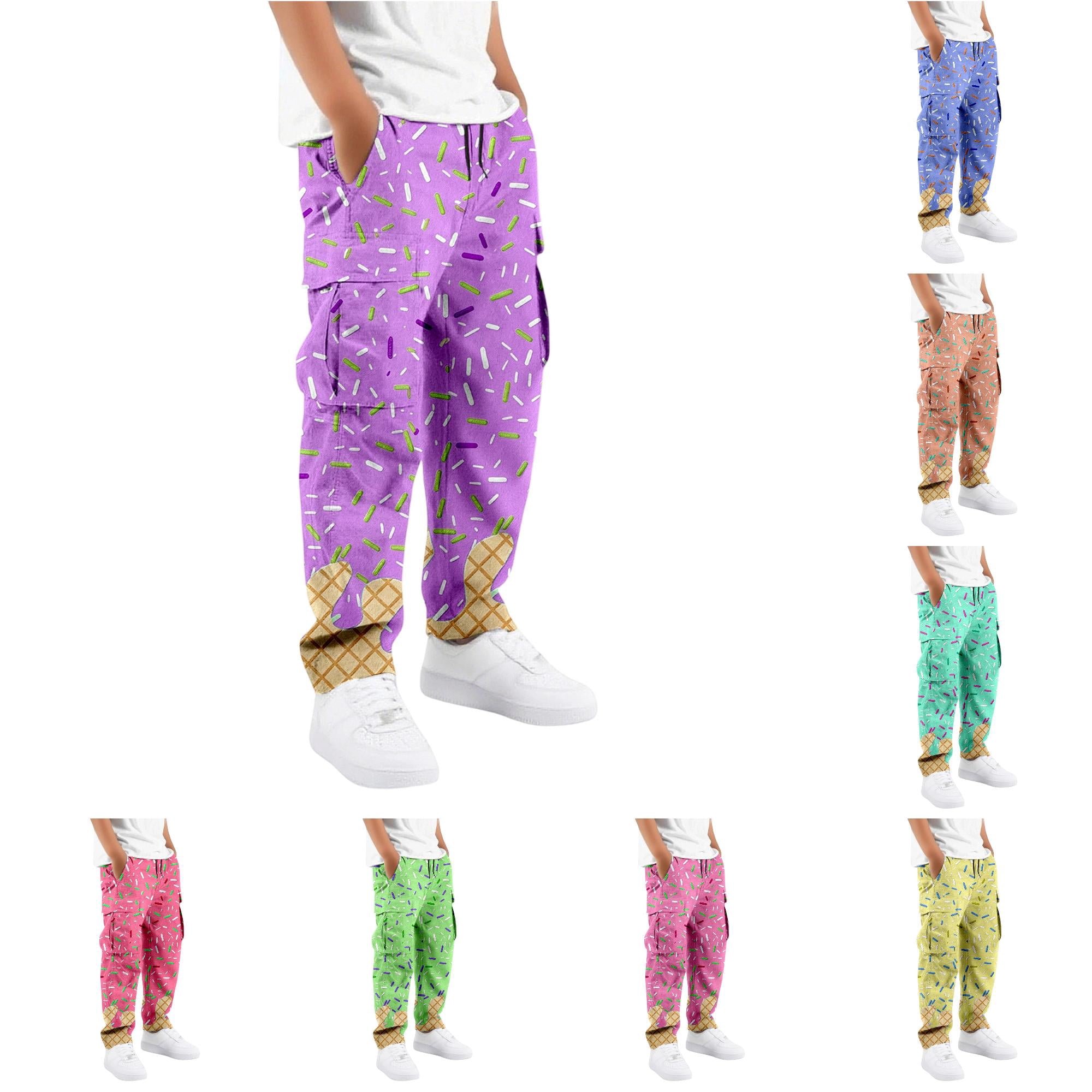 XAOFW Boys Cargo Pants Elastic Drawstring Waist Ice Cream Print Straight Leg Trousers Kids Summer Fall Everyday Wear Loose Fit Work Pants 5-6 Years