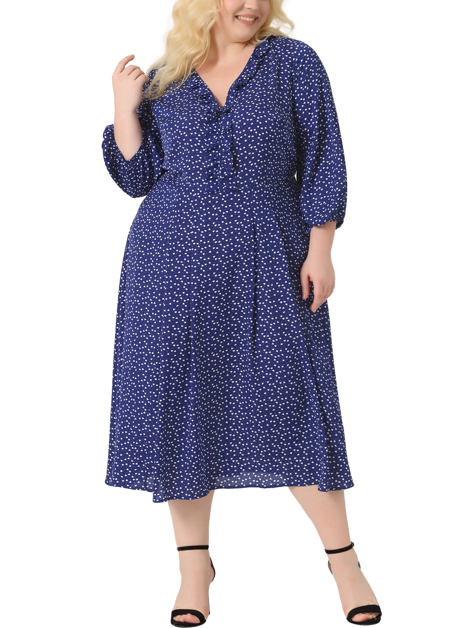DARING DIVA Plus Size Elbow Sleeve Sweetheart Midi Ruffle Dress 3X Blue