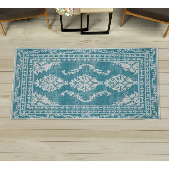Bohemian Decorative Rug, Vintage Damask of Swirling Floral Motifs Boho Ethnic Forms and Shapes, Quality Carpet for Bedroom Dorm and Living Room, 6 Sizes, Sea Blue and Off White, by Ambesonne