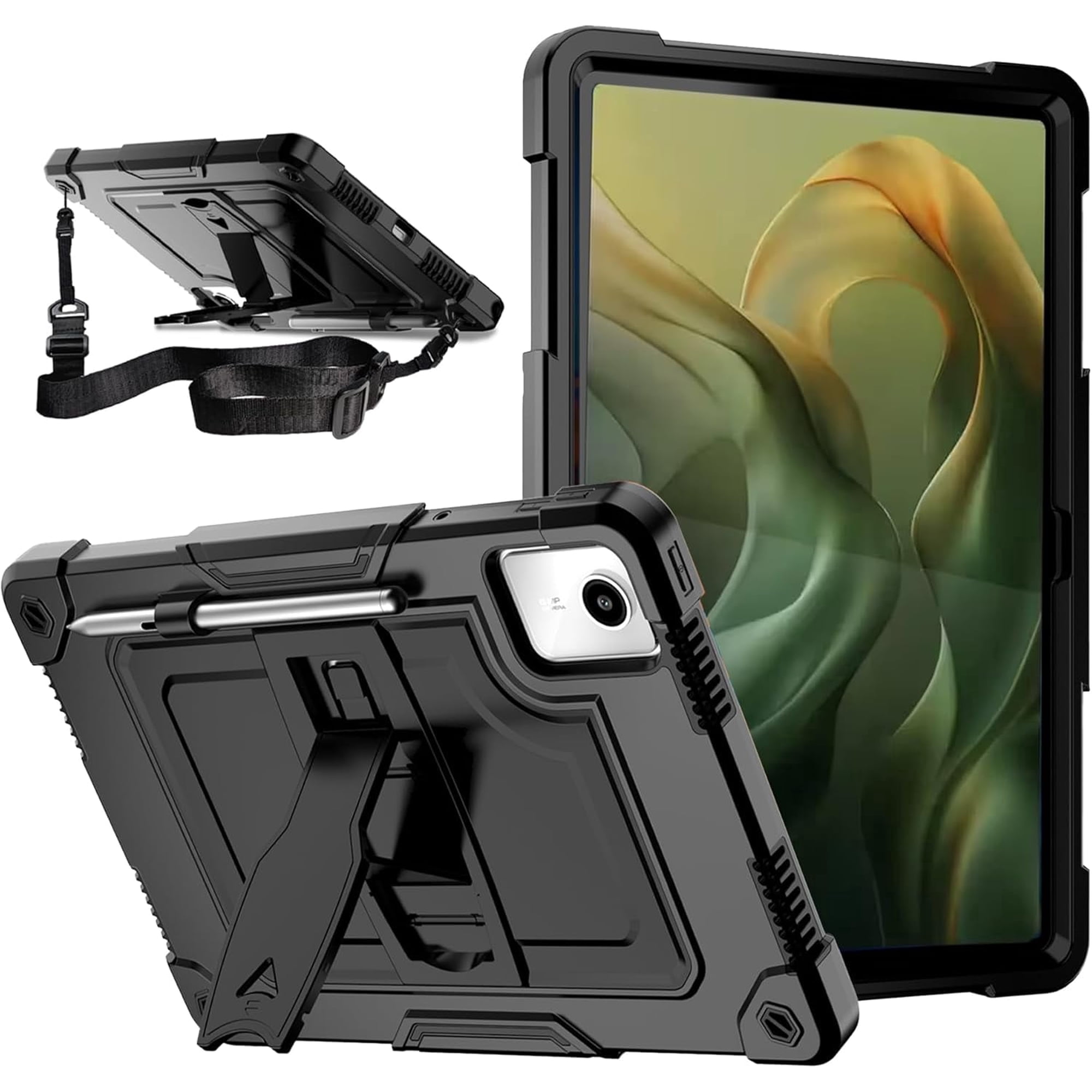 Doemoil Case for Motorola Moto Pad 2026 11-Inch Tablet Built-in Shoulder Strap & Kickstand - Soft Silicone Hard Back Kids Friendly Cover for Moto Pad 2026 11" Android Tablet (Black)