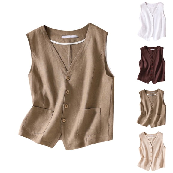 Women's Linen Button Down Sleeveless Vest Business Lightweight Jacket