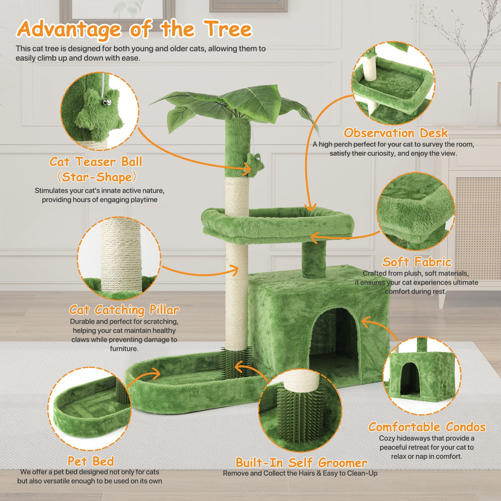OSM 32 Inch Cat Tree for Kittens and Senior Cats, Low-Profile Cat Tower with Scratching Posts, Cozy Condo, Perch & Hanging Toys, Leaf-Themed Space-Saving Cat House, Green