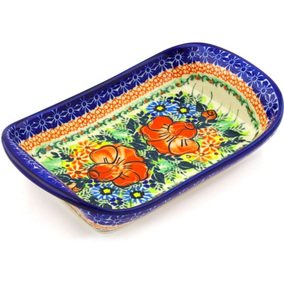 Polish Pottery 8¾-inch Platter with Handles (Bold Poppies Theme) Signature UNIKAT Hand Painted in Boleslawiec, Poland   Certificate of Authenticity