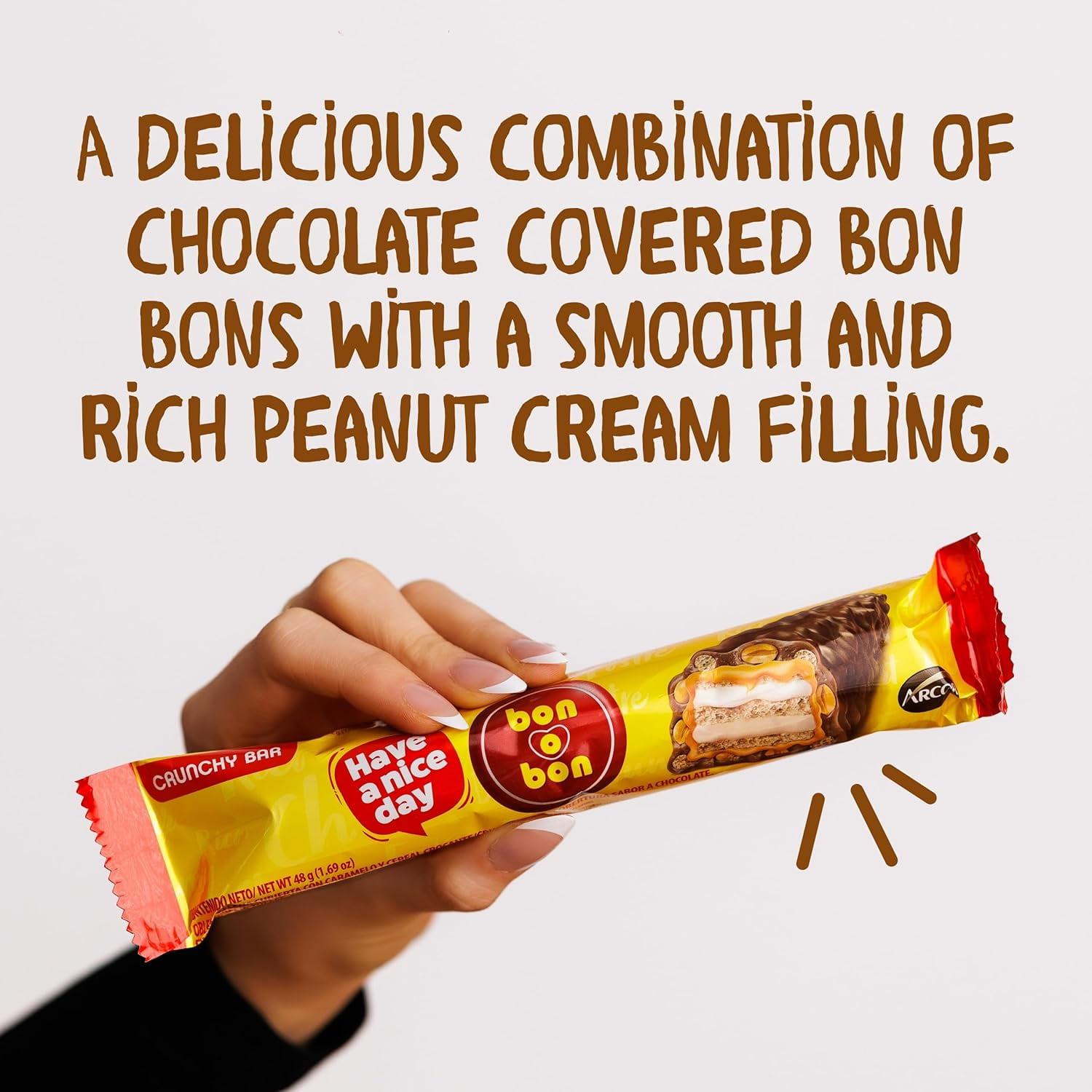 Bon o Bon Milk Chocolate Bars, Decadent Milk Chocolate Bars with a Creamy Peanut, Caramel & Wafer Filling, 48g x 12 Bars