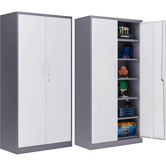 Garage Storage Cabinet, 72'' Tall Metal Storage Cabinets with Lock and 5 Adjustable Shelves for Home, Office, Warehouse, Grey & White