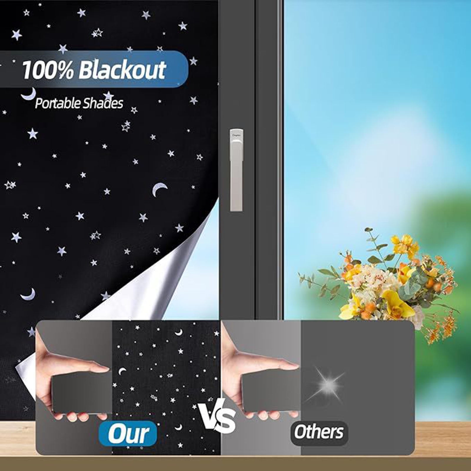 OIUR Portable Blackout Curtain No Drill Blackout Shade with Hook And Loop Tapes Cut-to-Size Window Cover Thermal Insulated Blinds for Bedroom Nursery