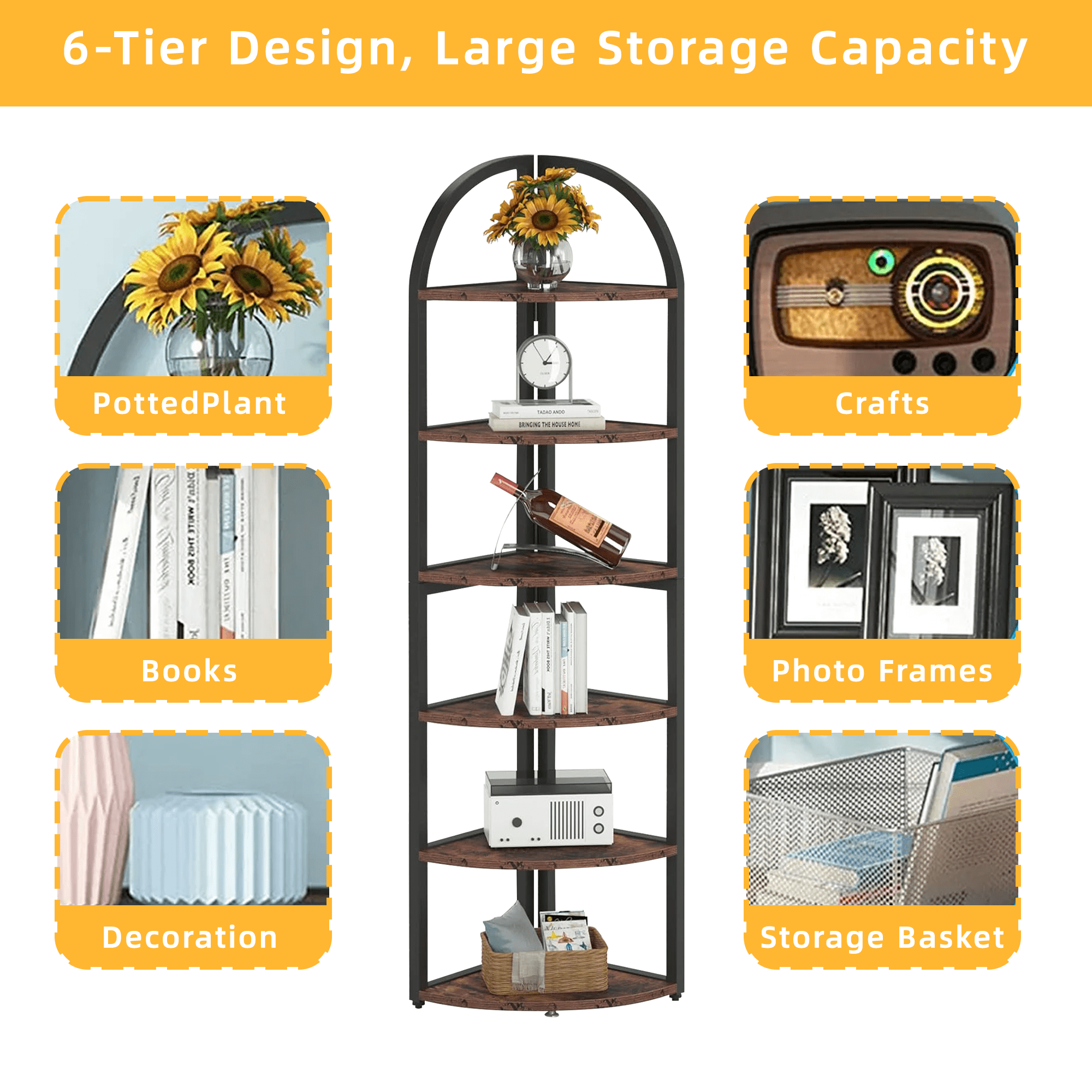 MAYEERTY Fan-Shaped 6-Tier Corner Storage Shelf, 71" Freestanding Display Rack, Multi-Purpose Bookshelf & Plant Stand for Compact Rooms