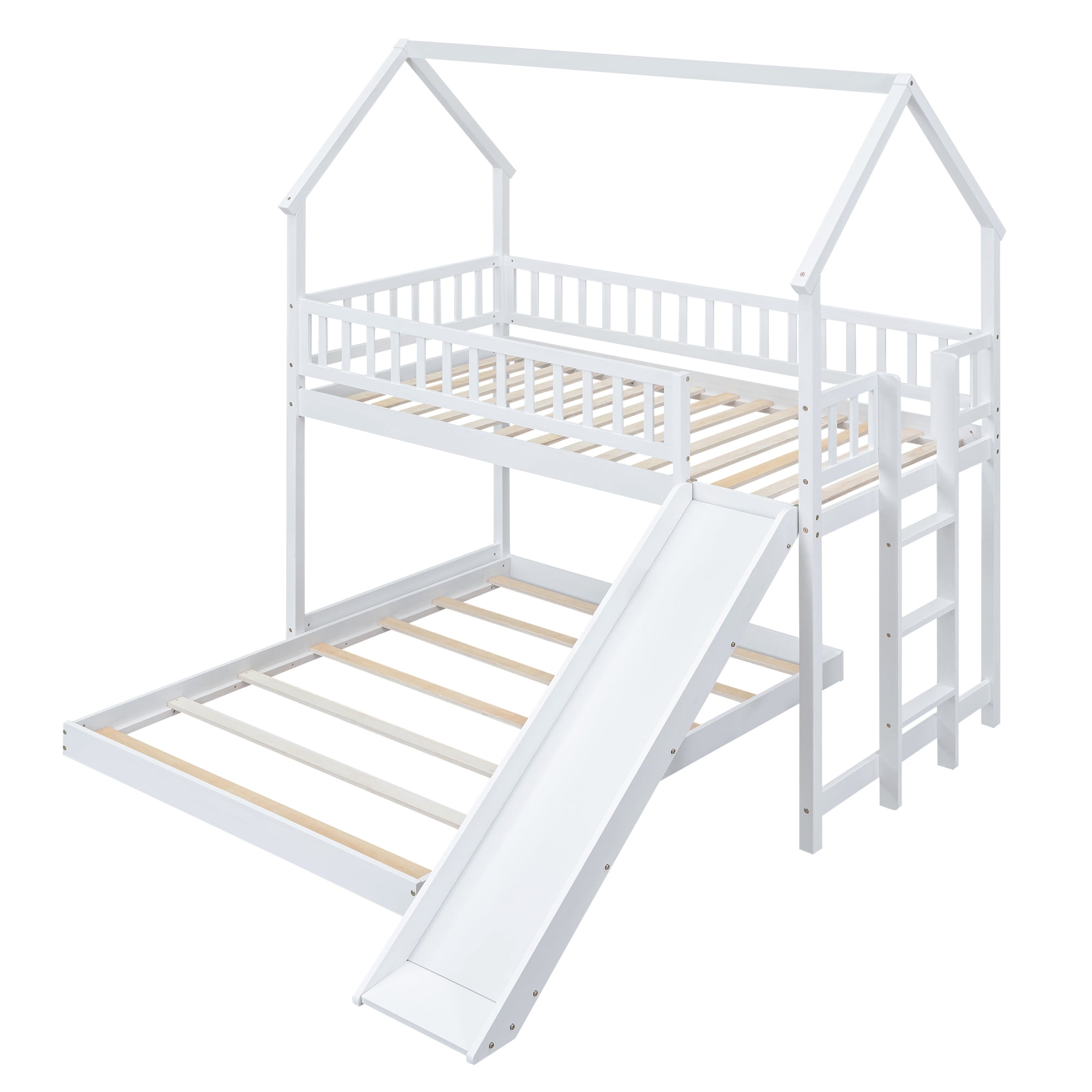 Twin Over Full House Bunk Beds with Slide, Kids Bunk Beds with House Shape Roof, Solid Wooden House Bunk Bed with Built-in Ladder, Full-Length Guardrail for Kids Teens Adults