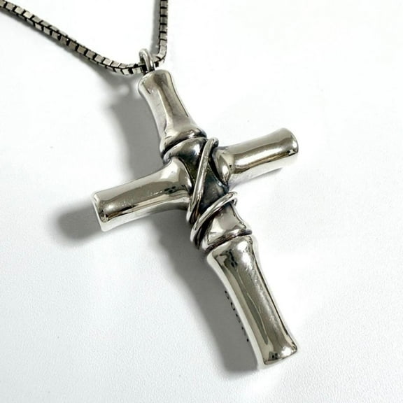 Pre-Owned Gucci Men's Bamboo Cross Pendant Necklace Silver (Good)