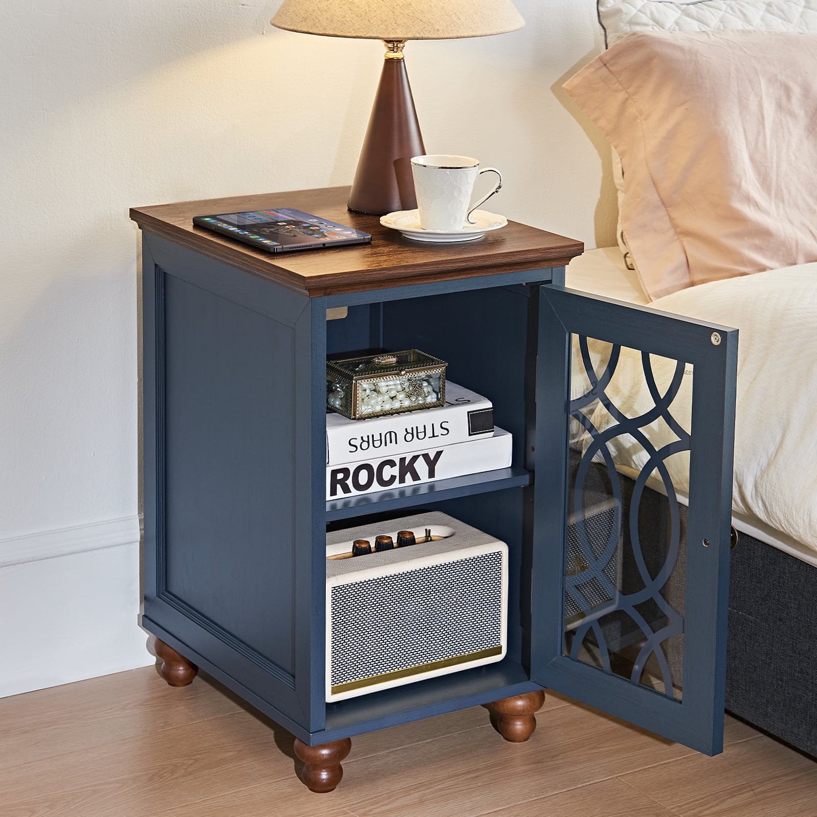 2 Pack Farmhouse End Table, Sofa Side Table with Storage Shelf and Door, Small Nightstand for for Living Room, Bedroom - Blue