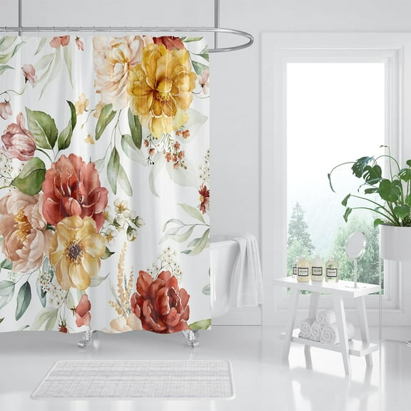 Pink Rose Shower Curtain, Yellow Floral Shower Curtain Set, Valentine Flower Shower Curtains for Bathroom, Waterproof Fabric with 12 Hooks, 72 x 72 Inches