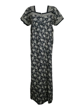 Mogul Women Cotton Maxi Dress, Kaftan, Black White Floral Printed Cotton Maxi Caftan, Short Sleeves Sleepwear Evening Dresses XL
