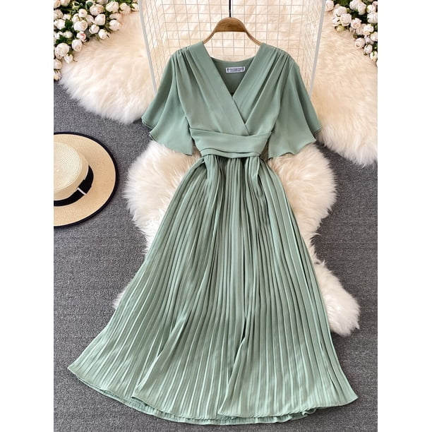 Formal Women's Dress V-neck Pleated Dress Elegant Temperament Waist Lace-up Hem Long Skirt Office Lady Evening Dresses VestidosS Gao Jinjia LED