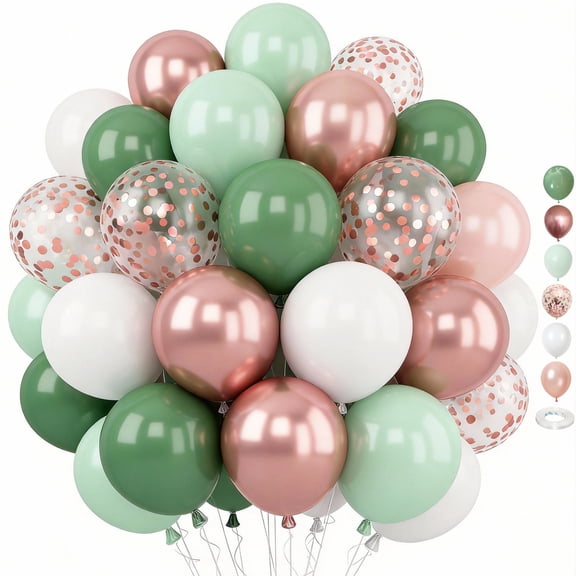 70Pcs 12 Inch Sage Green and Metallic Rose Gold Confetti Balloons, Retro Green White Balloons for Birthday Wedding Baby Shower Jungle Safari Party Decorations
