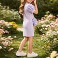 thumbnail image 5 of THDHVS Girls Summer Dress,Girls Textured Ribbed Knit Dress Puff Short Sleeve Round Neck Matching Crossbody Bag Summer Princess,Dresses for Girls 4-5 Years, 5 of 7