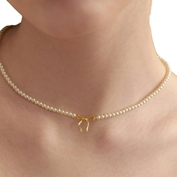 Handmade Pearls Bowknot Jewelry Neckchain With Sturdy Gold or Silver Color