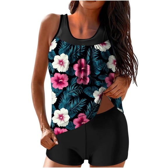Purcolt Womens Tankini Sets Two Piece Swimsuits Blouson Swimwear Tank Top with Boyshorts Tropical Floral Print Tummy Control Bathing Suits