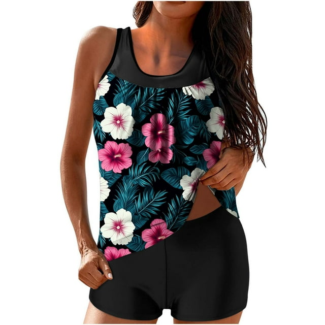Women's Tummy Control Tankini Set, Floral Print High Waisted Boy Shorts Modest Two Piece Swimwear