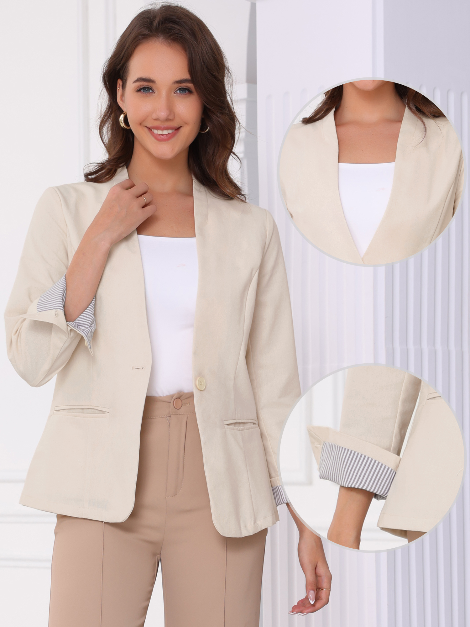 DARING DIVA Women's Linen Lightweight Long Sleeve Single Breasted Blazer XS Apricot