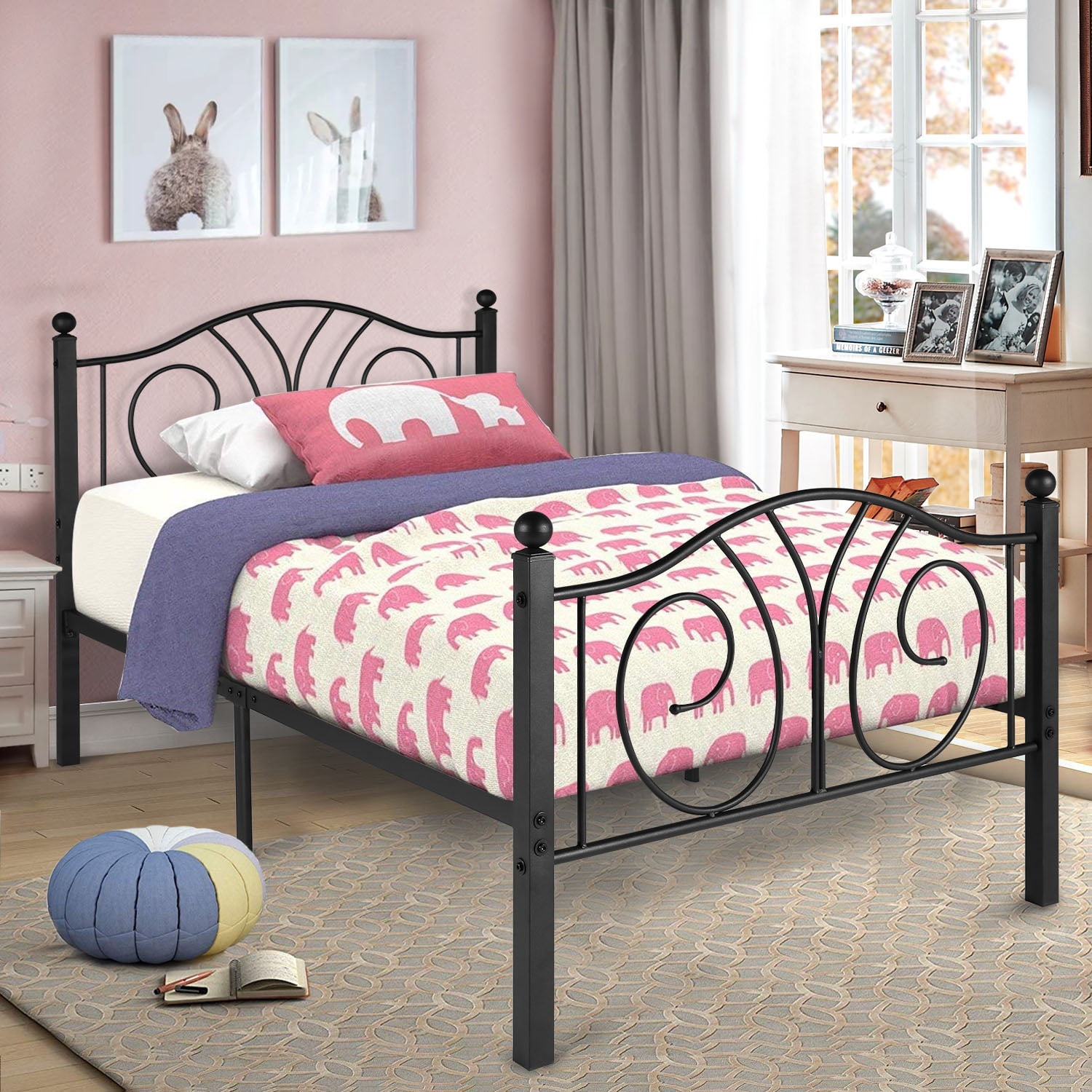 Victorian Twin Size 12.6"Metal Platform Bed Frame with Two Headboards