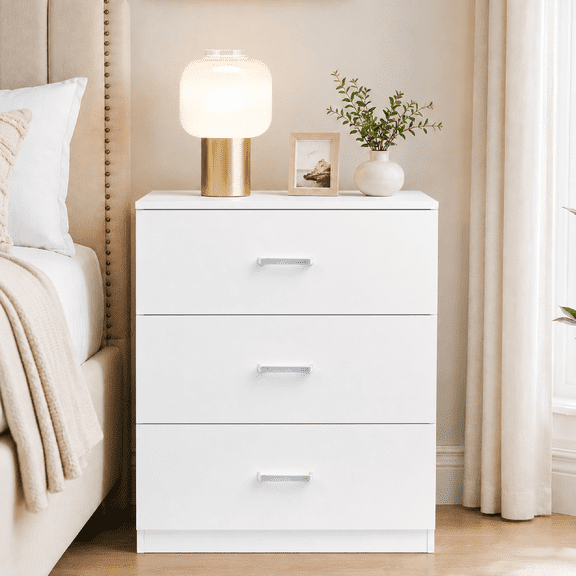UHOMEPRO Nightstand, Modern 3 Drawer Nightstand, White Nightstand with Silver Handle, Wooden Bedside Storage Cabinet Unit for Bedroom/Small Space