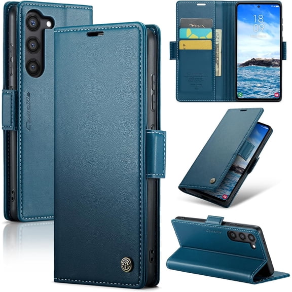 for Samsung Galaxy S24 Plus Case, [RFID Blocking] Magnetic Closure PU Leather Wallet Flip Case with Card Holder Kickstand Shockproof Phone Cover for Samsung Galaxy S24 Plus (Blue)
