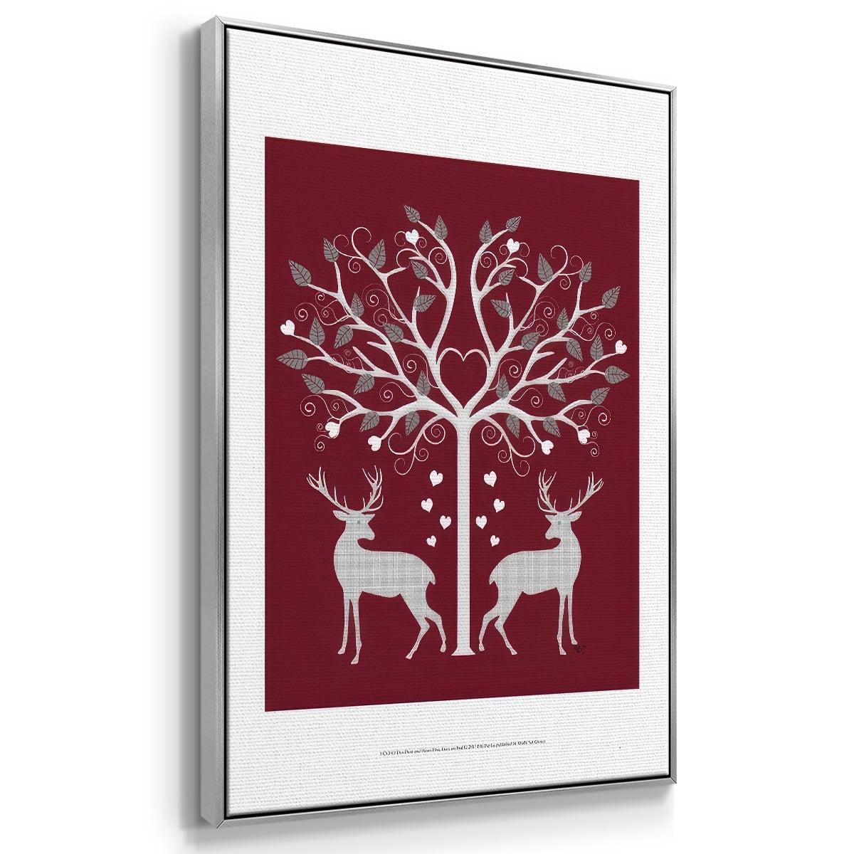 Christmas Des - Deer and Heart Tree, Grey on Red - Framed Gallery Wrapped Holiday Canvas - 25 x 37 - Silver Frame
