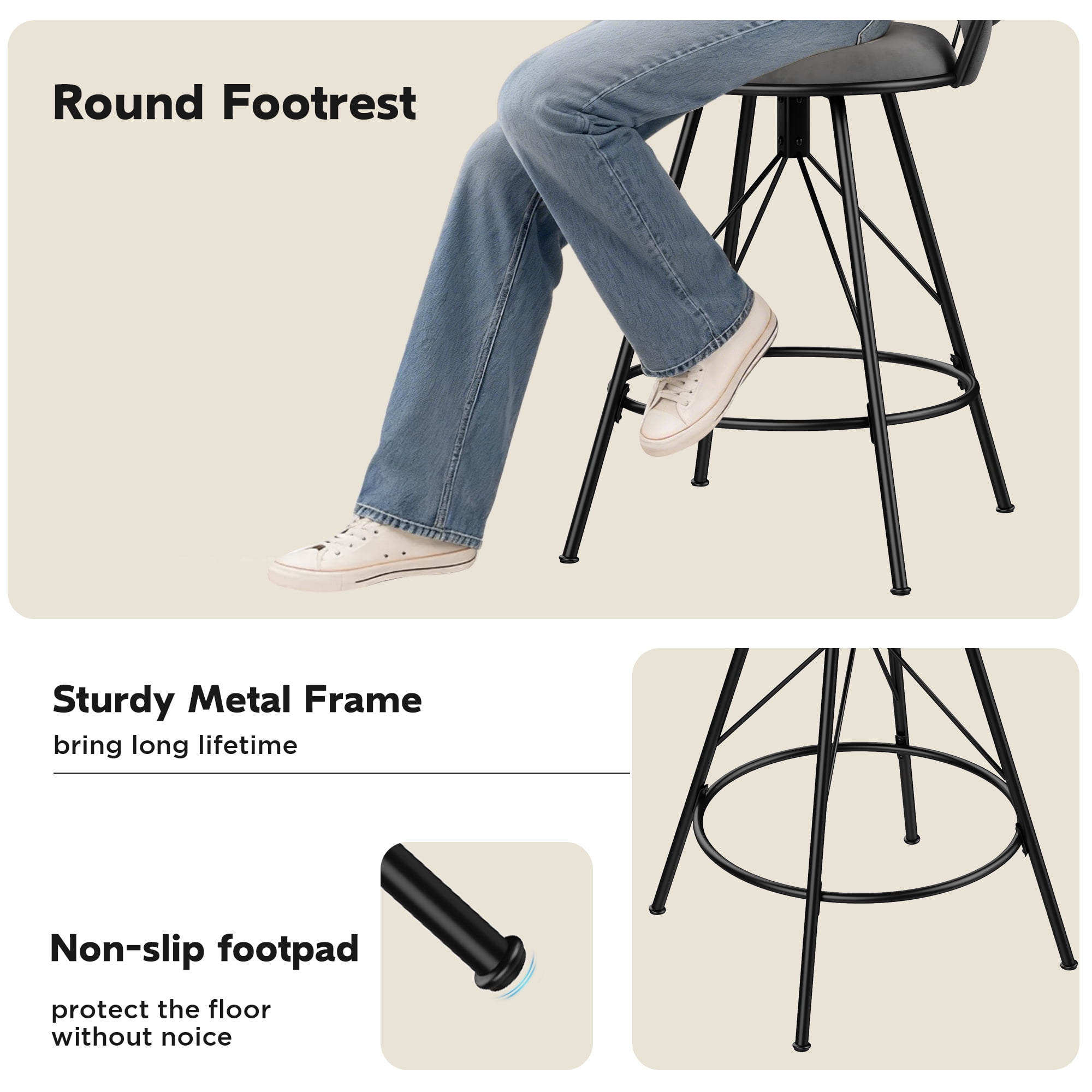 Andeworld 26'' Bar Stools with Woven Back set of 2, Modern Velvet Barstools with Upholstered Seating, Counter Height Barstool in Round Footrest, Gray
