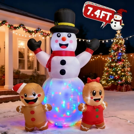 BeePrincess 7FT Christmas Inflatable Snowman & Gingerbread Men Set - Outdoor LED Decor with Adorable Trio for Yard, Garden Winter Decorations
