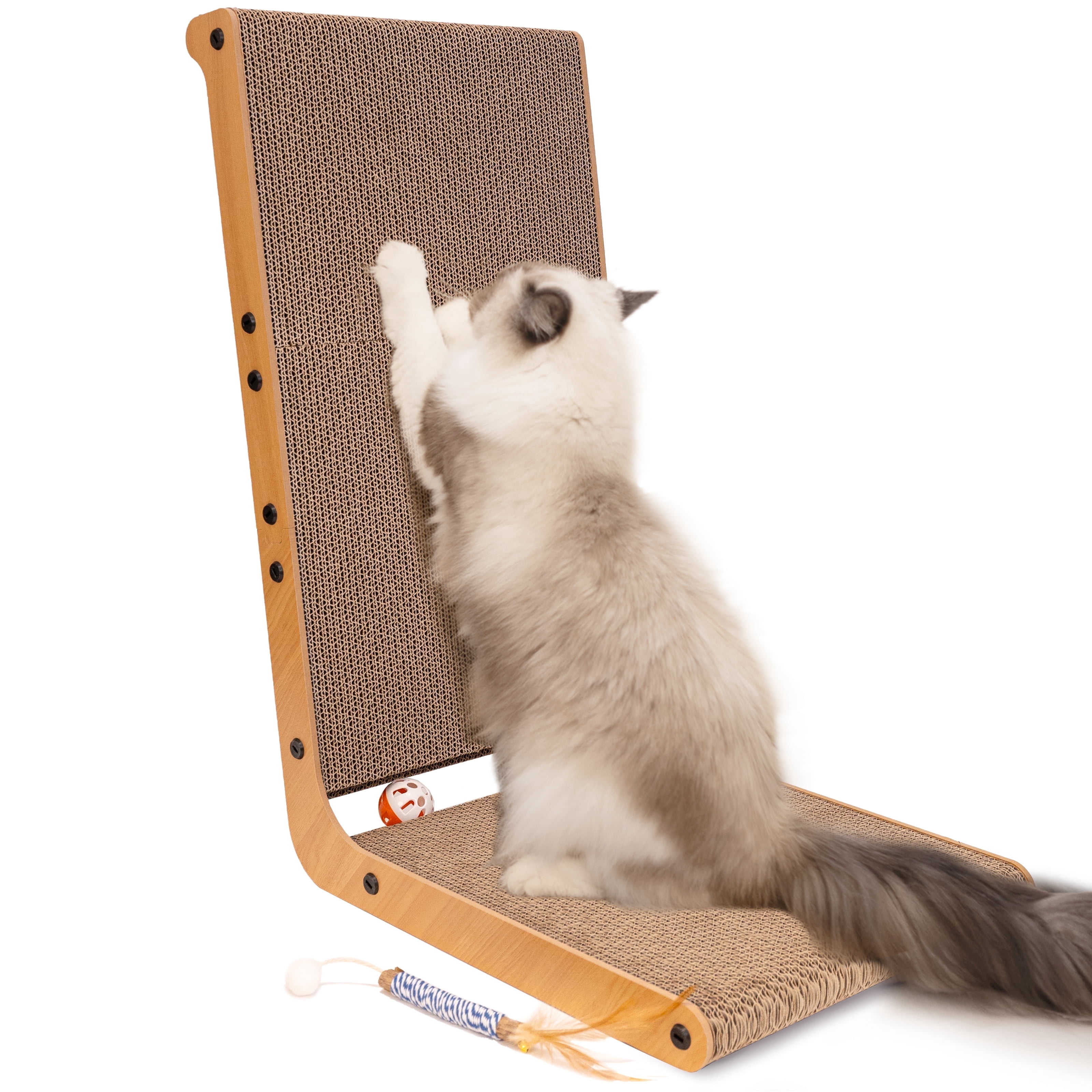CheerPals Cat Scratcher, 12.6"x20.3"x23.6" L-Shaped Scratching Board，120° Scratch Post with Bell Teaser-wand for Indoor