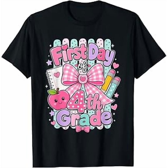 Back to School First Day of 4th Grade, Coquette Bow, School Theme, Girls Graphic, Short Sleeve T-Shirt