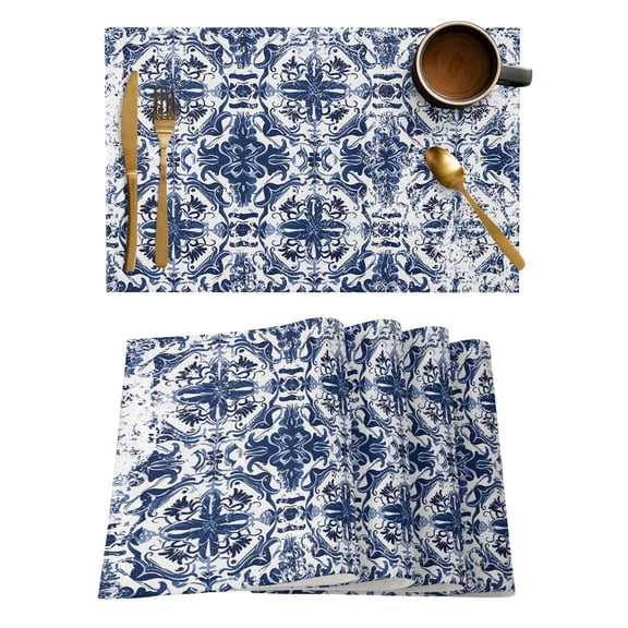 Navy Blue Boho Placemats Set of 6, Ehtnic Abstract Art Modern Geometric Placemats for Dining Table, Place Mats for Kitchen Tabletop, Waterproof Wipeable Dining Table Mats Set