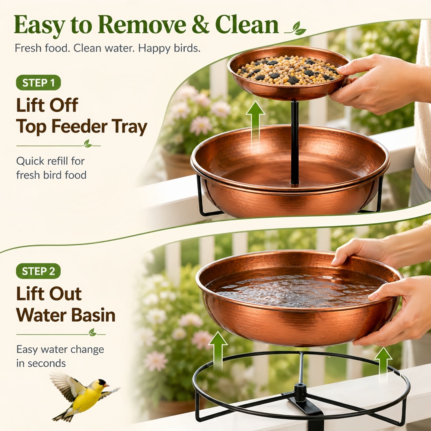 Deck Mounted Bird Bath with Bird Feeder, Adjustable Metal Clamp, Double-Tier Detachable Bird Bath for Deck Railing, Balcony & Fence, Rust-Resistant (Antique Bronze)
