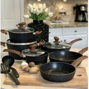 LI Induction Cookware Sets - 12 Piece Cooking Pan Set, Granite Black Nonstick Pots and Pans Set