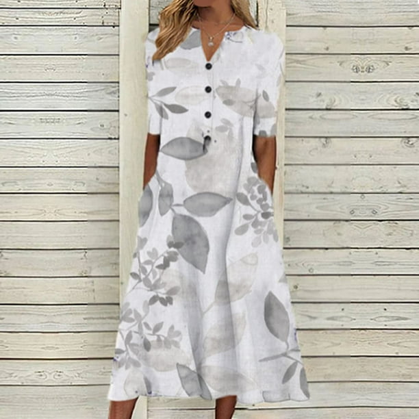 ICHUANYI Clearance Women's Summer Casual V-Neck Short Sleeve Printed With Pocket Dresses(Gray, XXL) ICHUANYI WER2023080904520
