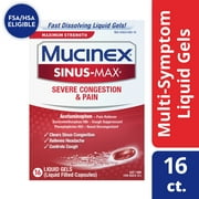 Mucinex Sinus-Max Maximum Strength Severe Congestion & Pain, Sinus Symptom Relief, Pain Reliever, Cough Suppressant and Nasal Decongestant, 16 Liquid Gels