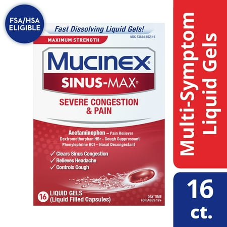 Mucinex Sinus-Max Maximum Strength Severe Congestion & Pain, Sinus Symptom Relief, Pain Reliever, Cough Suppressant and Nasal Decongestant, 16 Liquid Gels