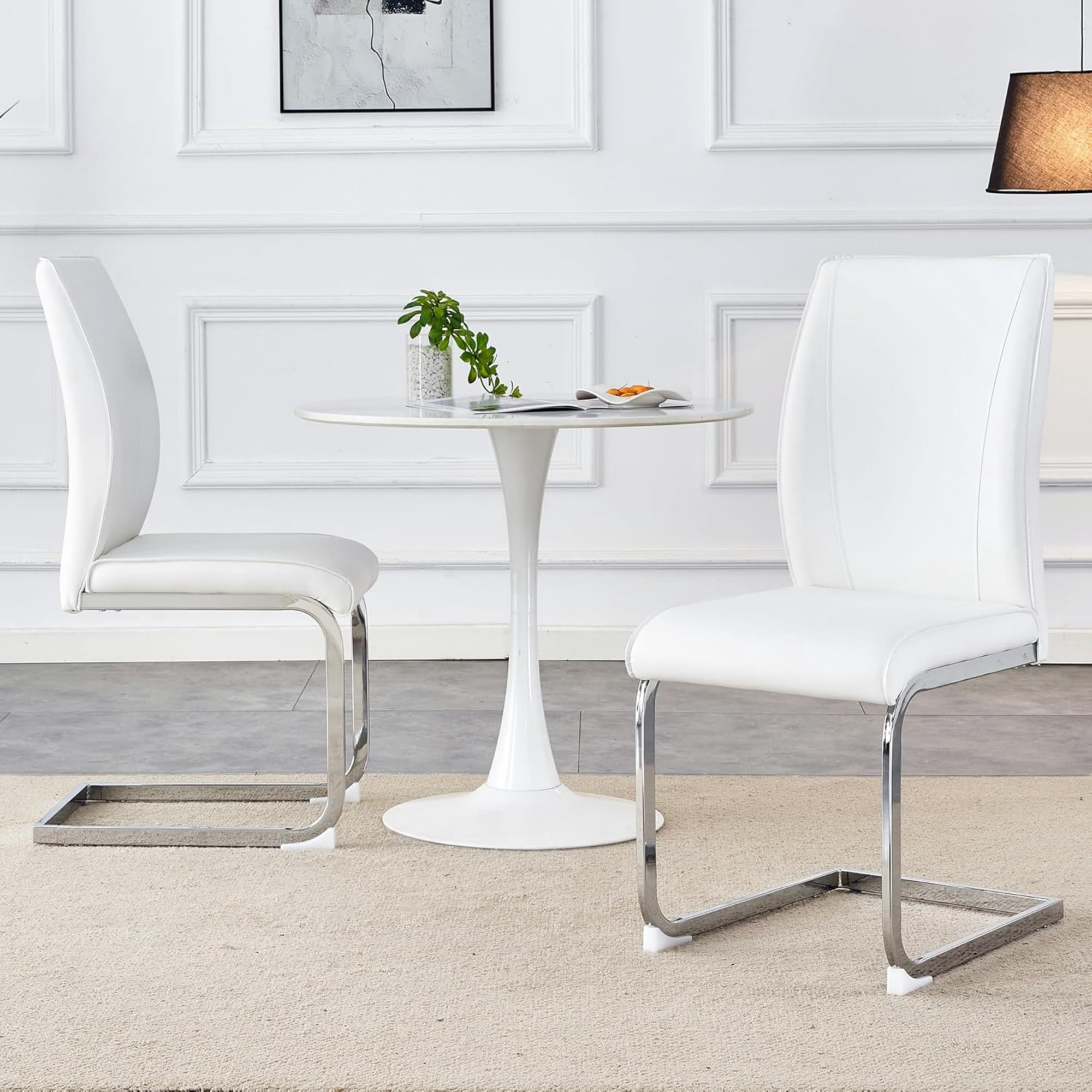 SUDICA Dining Chairs Set of 2 White PU Leather Upholstered Side Chairs with Chrome Metal Legs for Kitchen Dining Room