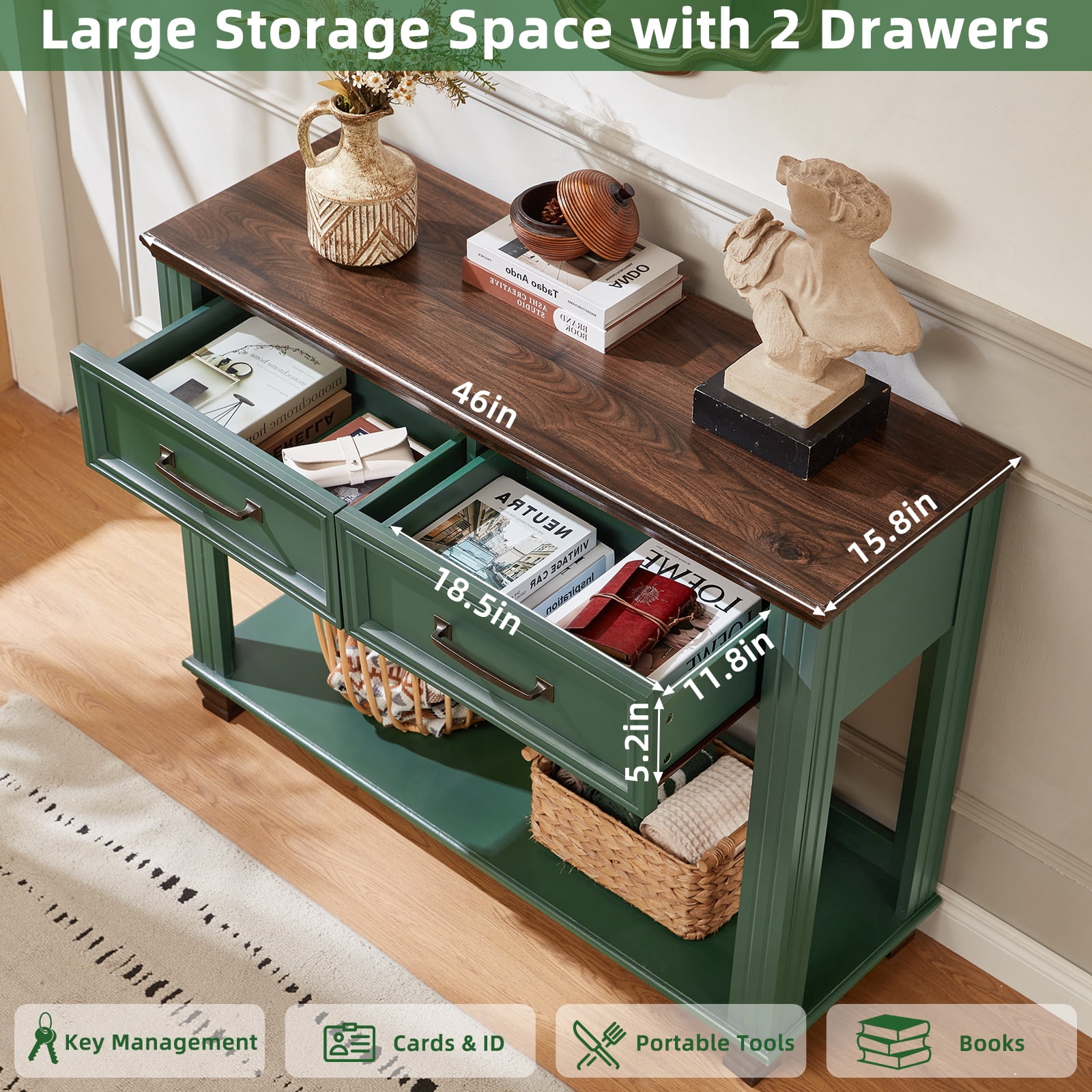 Buildhom 46" Farmhouse Console Table with 2 Drawers, Rustic Wood Sofa Table Behind Couch, Entryway Table with Open Shelf for Living Room, Green