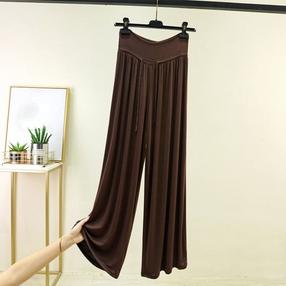 Oiangi Womens Plus Size Flowy Palazzo Pants High Waist Stretch Drawstring Trousers Soft Solid Color Wide Leg Pant Coffee 2XL
