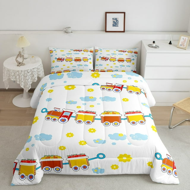 Erosebridal Cartoon Bus Car Bedding Toddler Comforter Set, Construction Vehicle Down Comforter, Colorful Flower Decor, Breathable