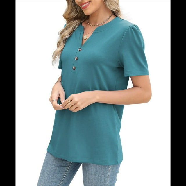 Top de Verano para Mujer, de Corta, Holgado, con Botones Retorcidos, Color Liso, Verde Lago , Talla L