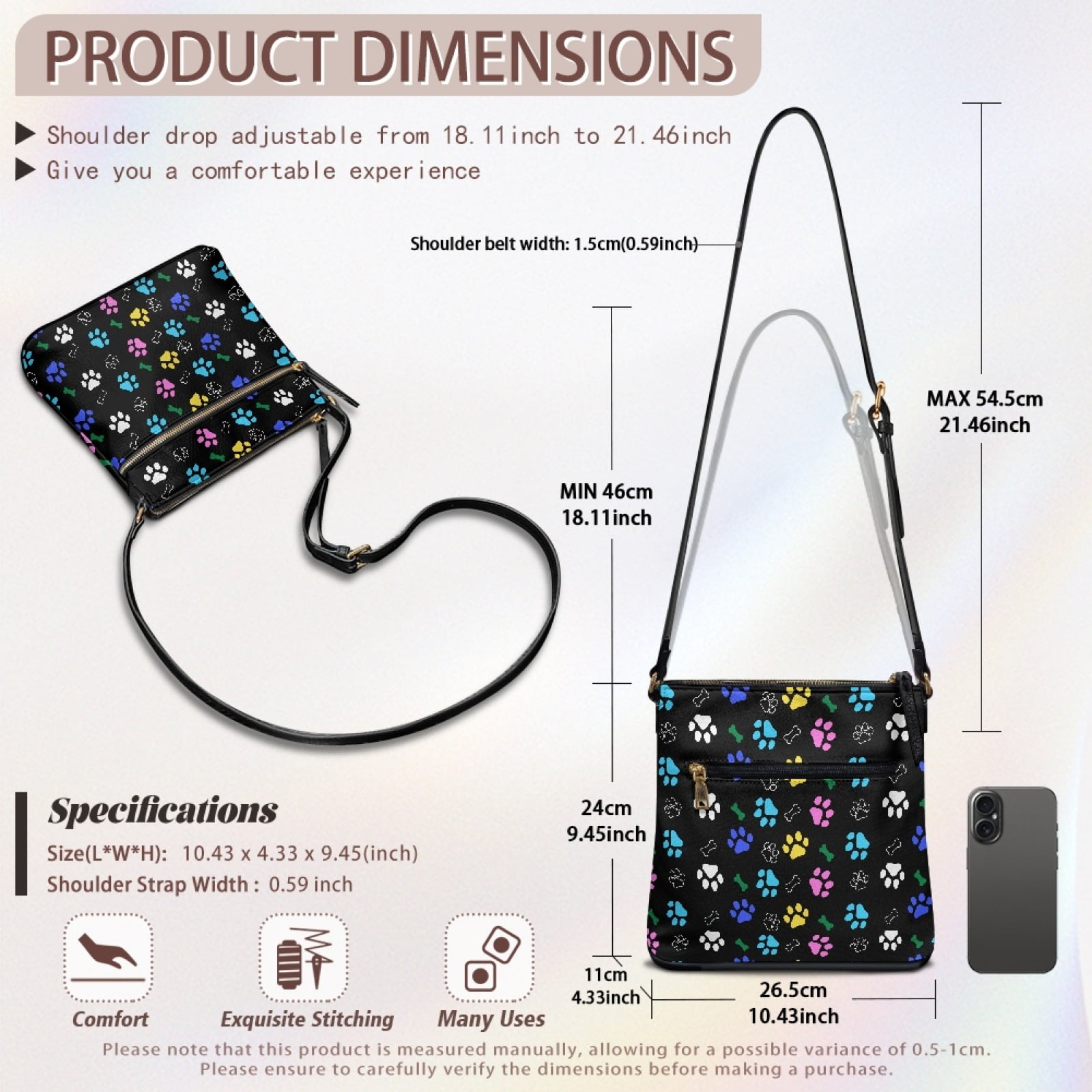 LedBack Dog Paw Print PU Leather Shoulder Purse Handbag for Women Ladies, Crossbody Hobo Purse Zipper Satchel Handbag with Adjustable Strap for Shopping Travel, Black